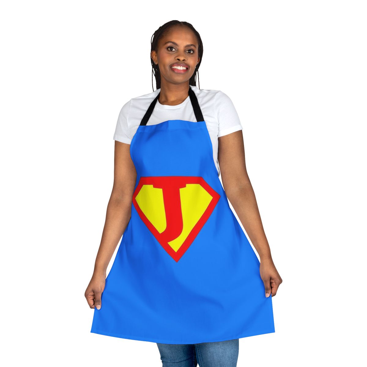 Super Letter Alphabet Apron featuring a collage of superhero-inspired letters A to Z