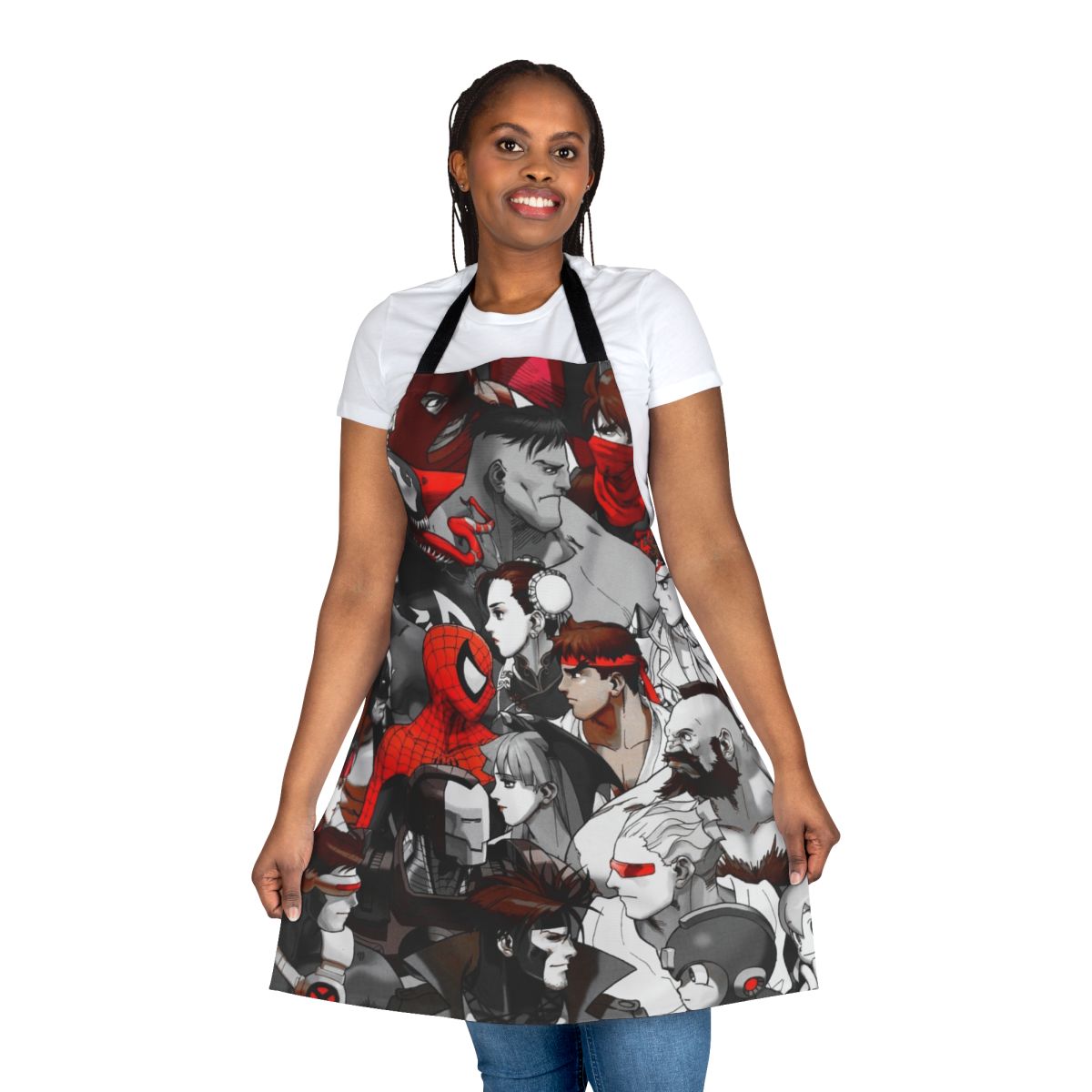 Superhero-themed apron with comic book and video game graphics