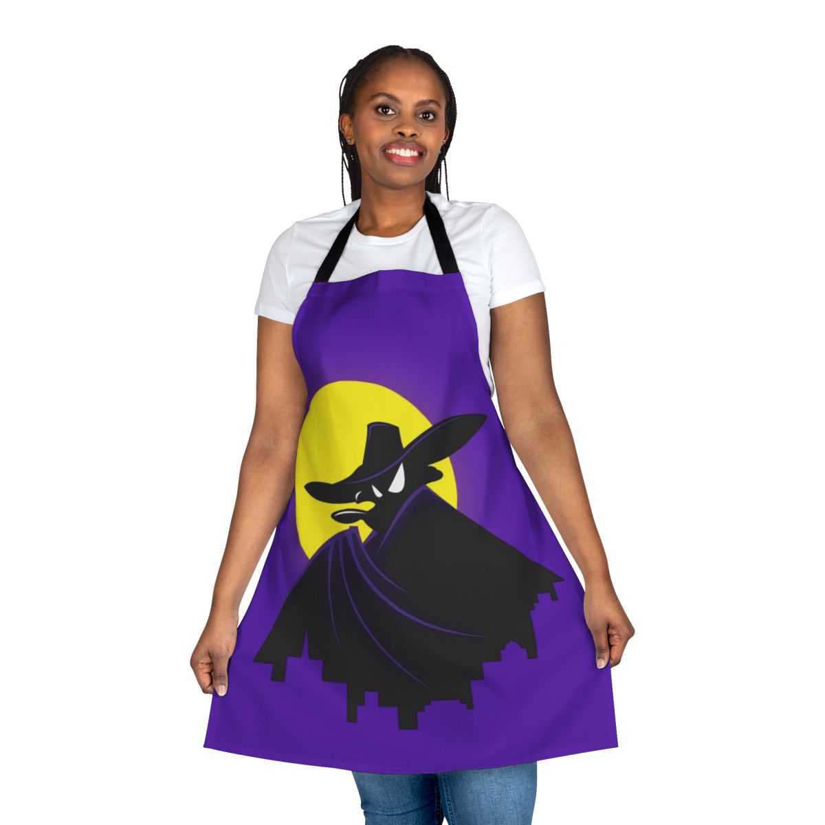 A vibrant apron featuring a mashup of classic Disney cartoon characters in a superhero-inspired design