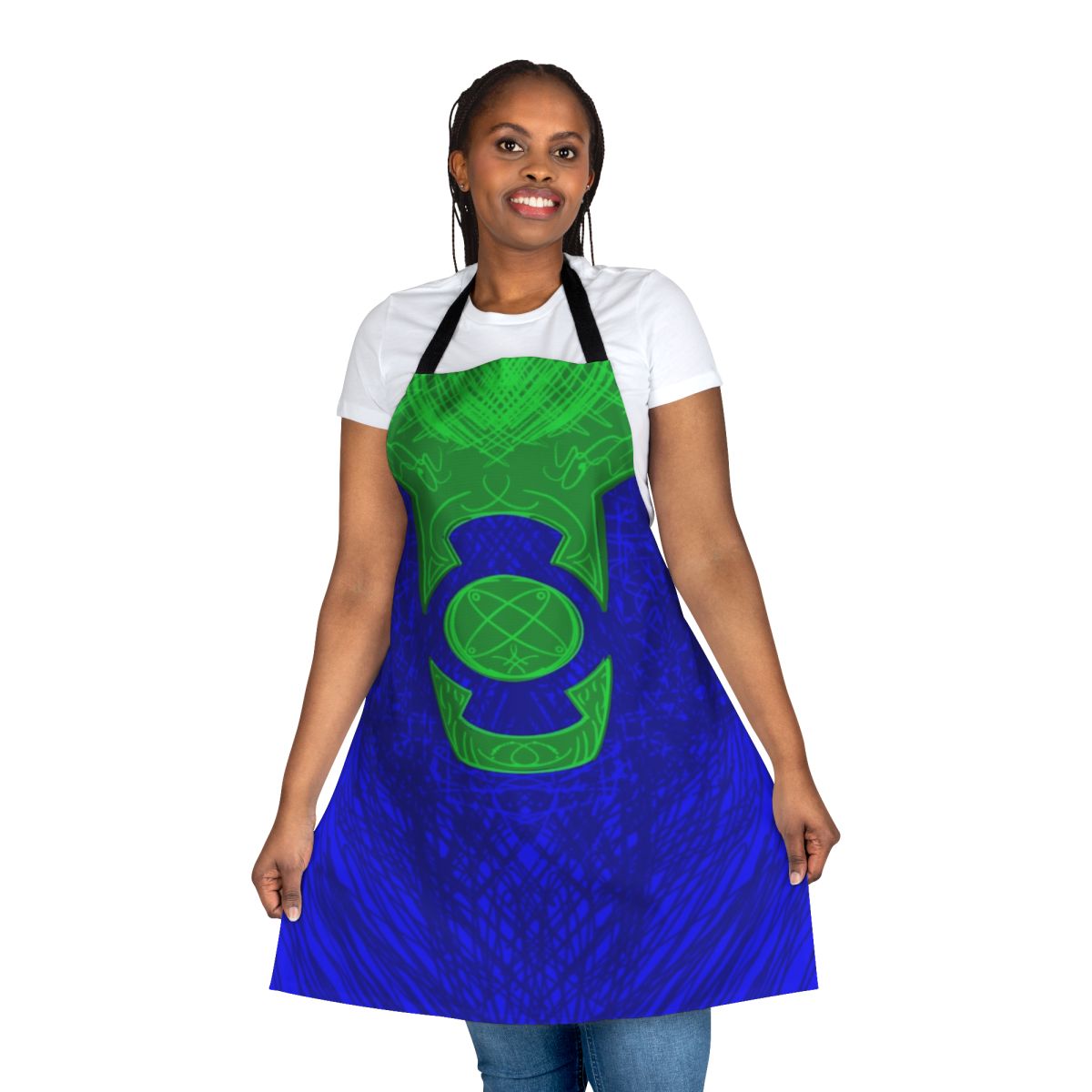A vibrant green and blue apron featuring an ionic energy design inspired by the Green Lantern superhero.