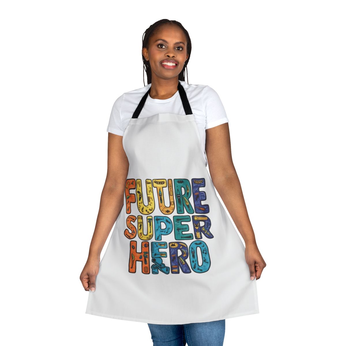 A colorful, superhero-themed apron perfect for kids' imaginative play and cooking adventures.