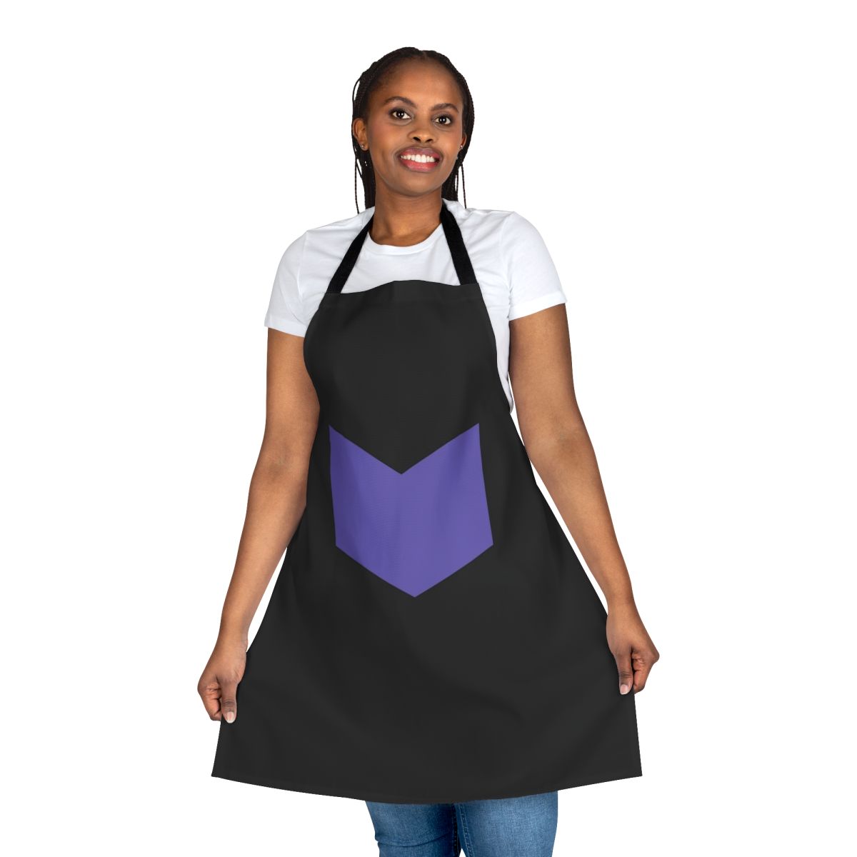 Illustration of Hawkeye/Hawkguy character on a high-quality kitchen apron