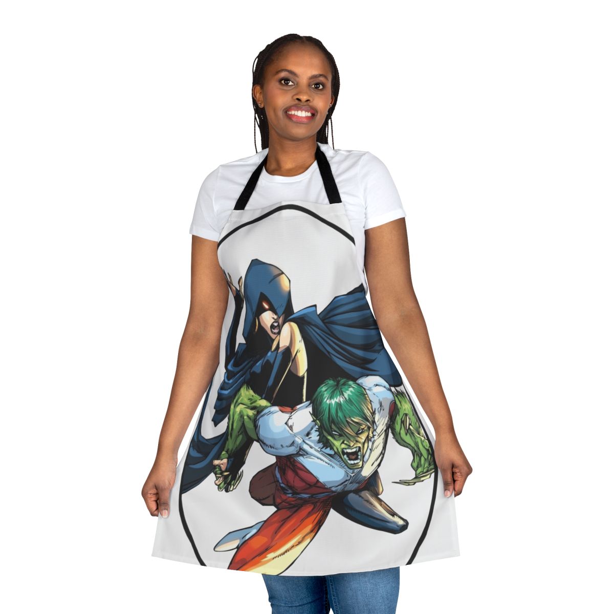 Superhero Titans fan art apron featuring the characters Garfield Logan and Rachel Roth in a comic book-inspired design.