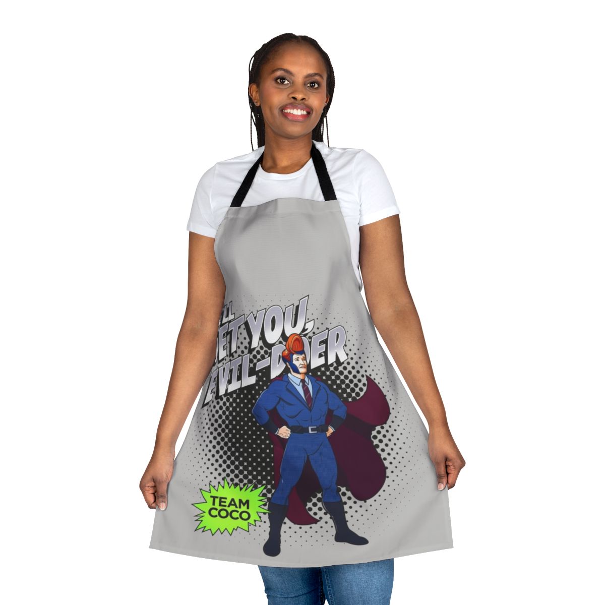 Superhero-inspired costume apron with muscles and powers design