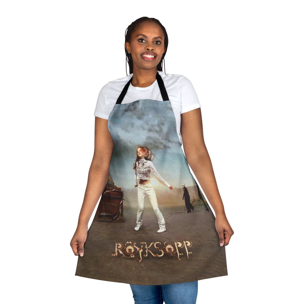 Apron featuring a surreal desert landscape design inspired by the music of electronic duo Royksopp