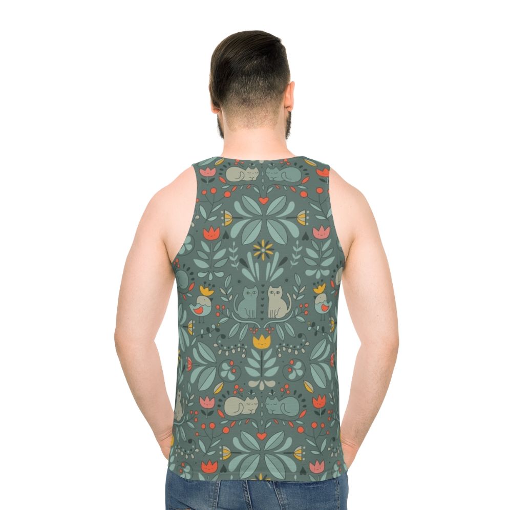 Unisex tank top with a whimsical Swedish folk cat graphic design
