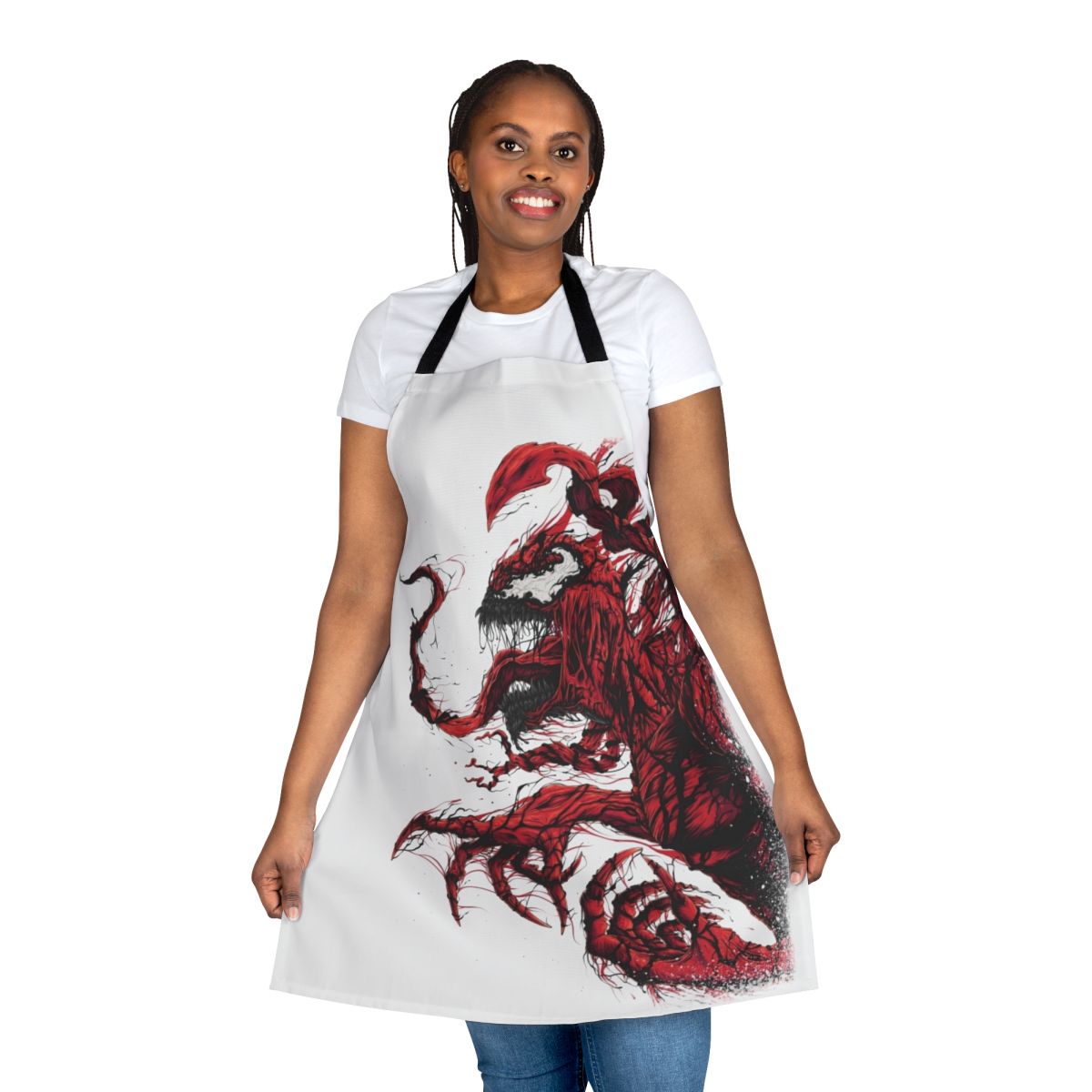 A red apron with a symbiote-like design, perfect for fans of comic books and horror