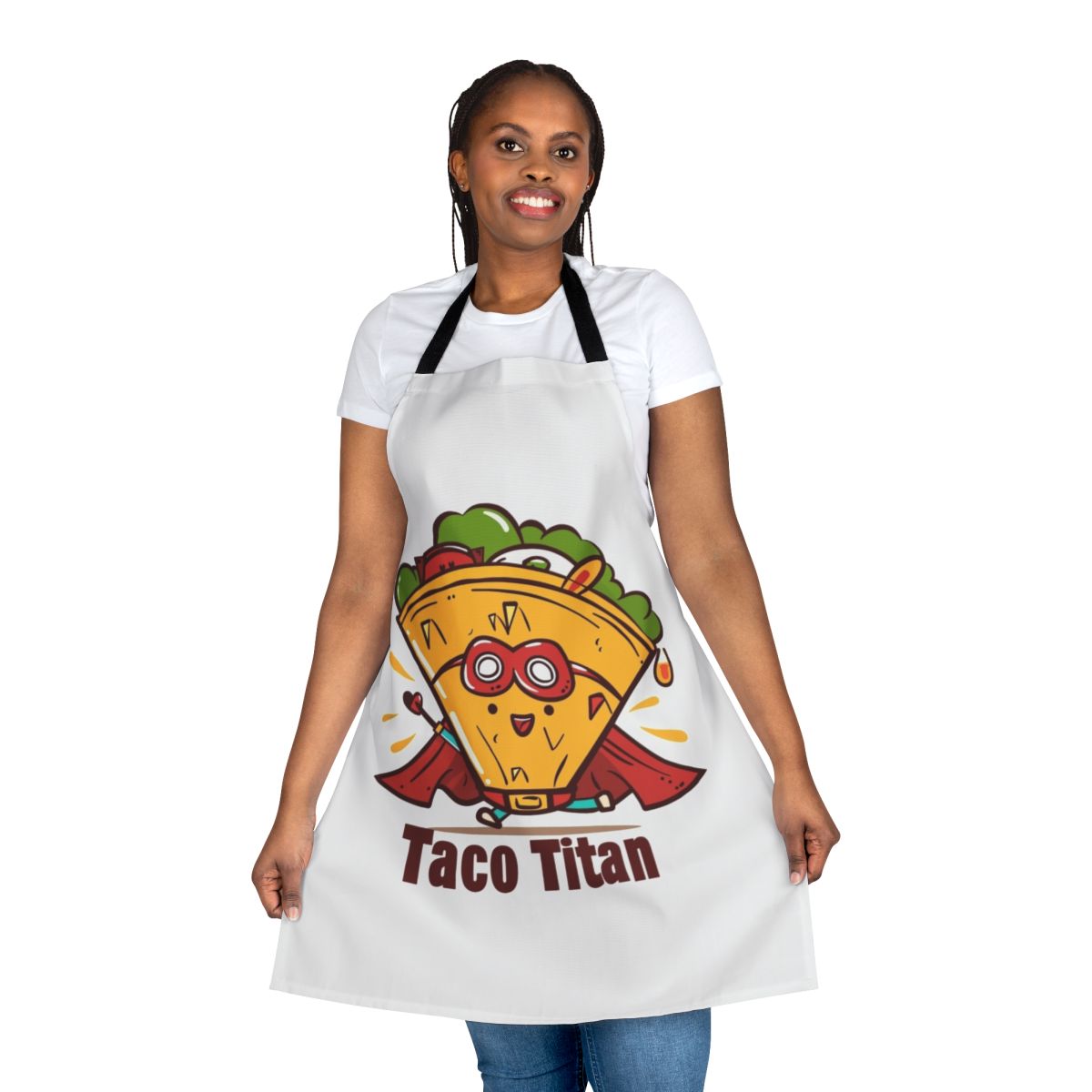 A vibrant taco-themed apron featuring a cartoon superhero design
