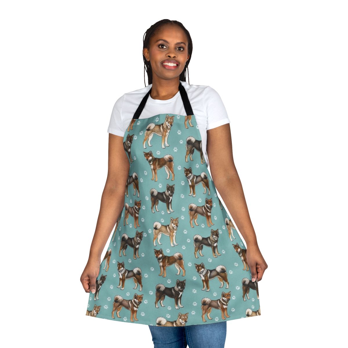 Teal apron with a graphic of a Shikoku dog, a rare Japanese hunting breed.