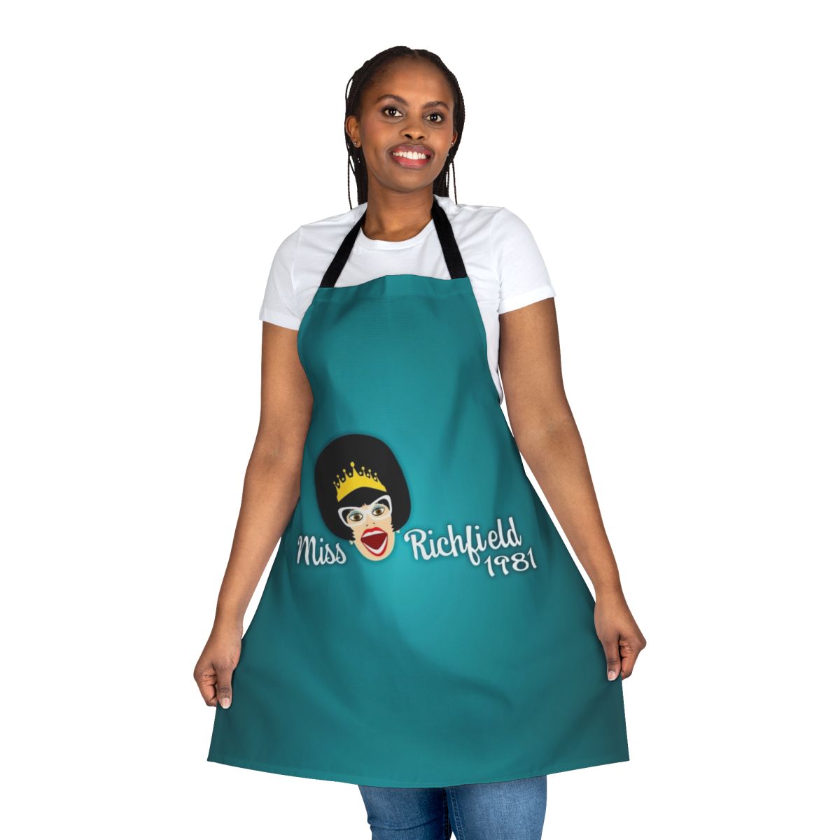 Teal apron with full face design inspired by Miss Richfield 1981
