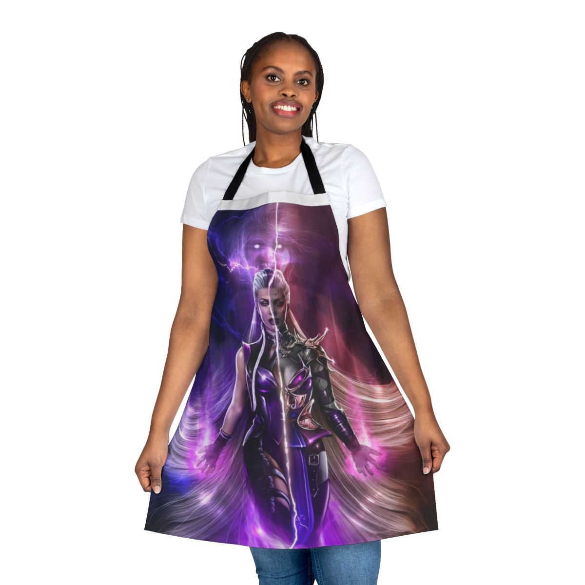 A black apron with a spooky, horror-themed design, perfect for adding a touch of the macabre to your kitchen.