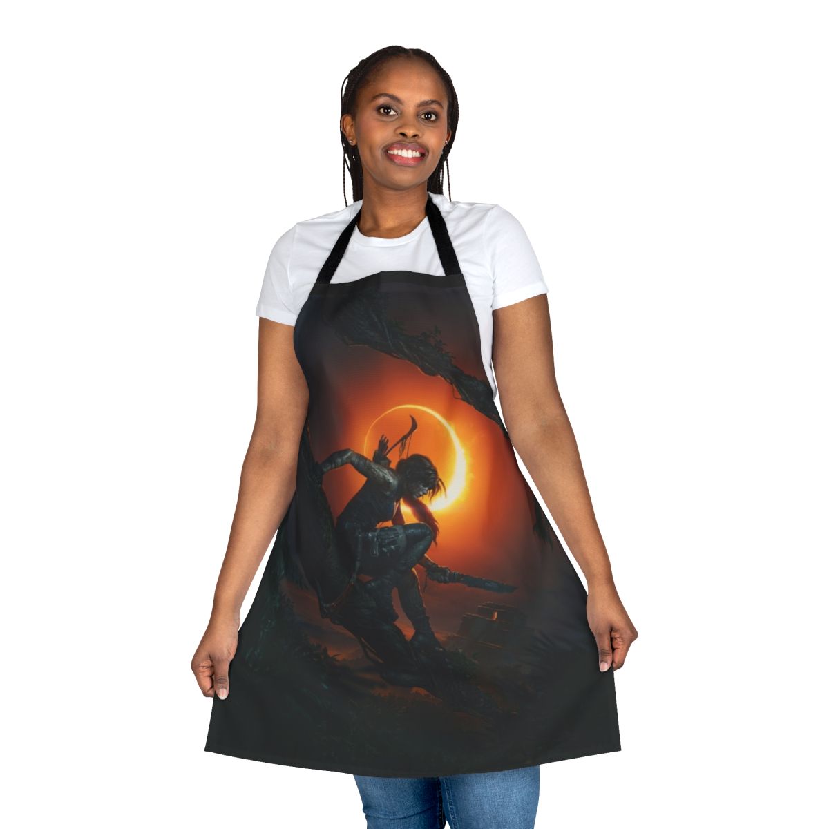 Tomb Raider inspired apron with logo and game design