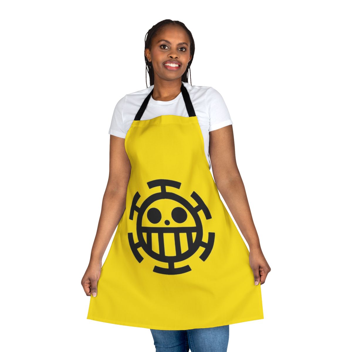 Trafalgar Law inspired cooking apron featuring the character's iconic heart symbol and straw hat
