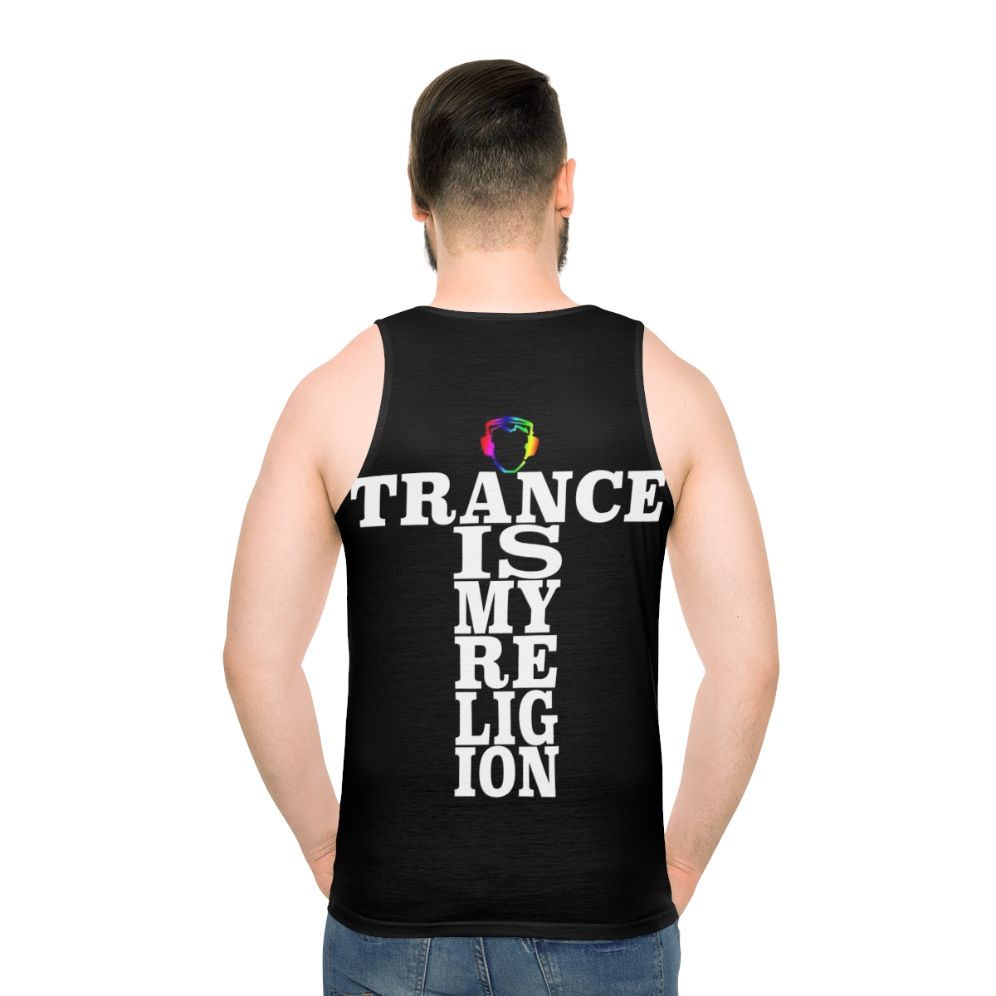 Trance music lover wearing a unisex tank top