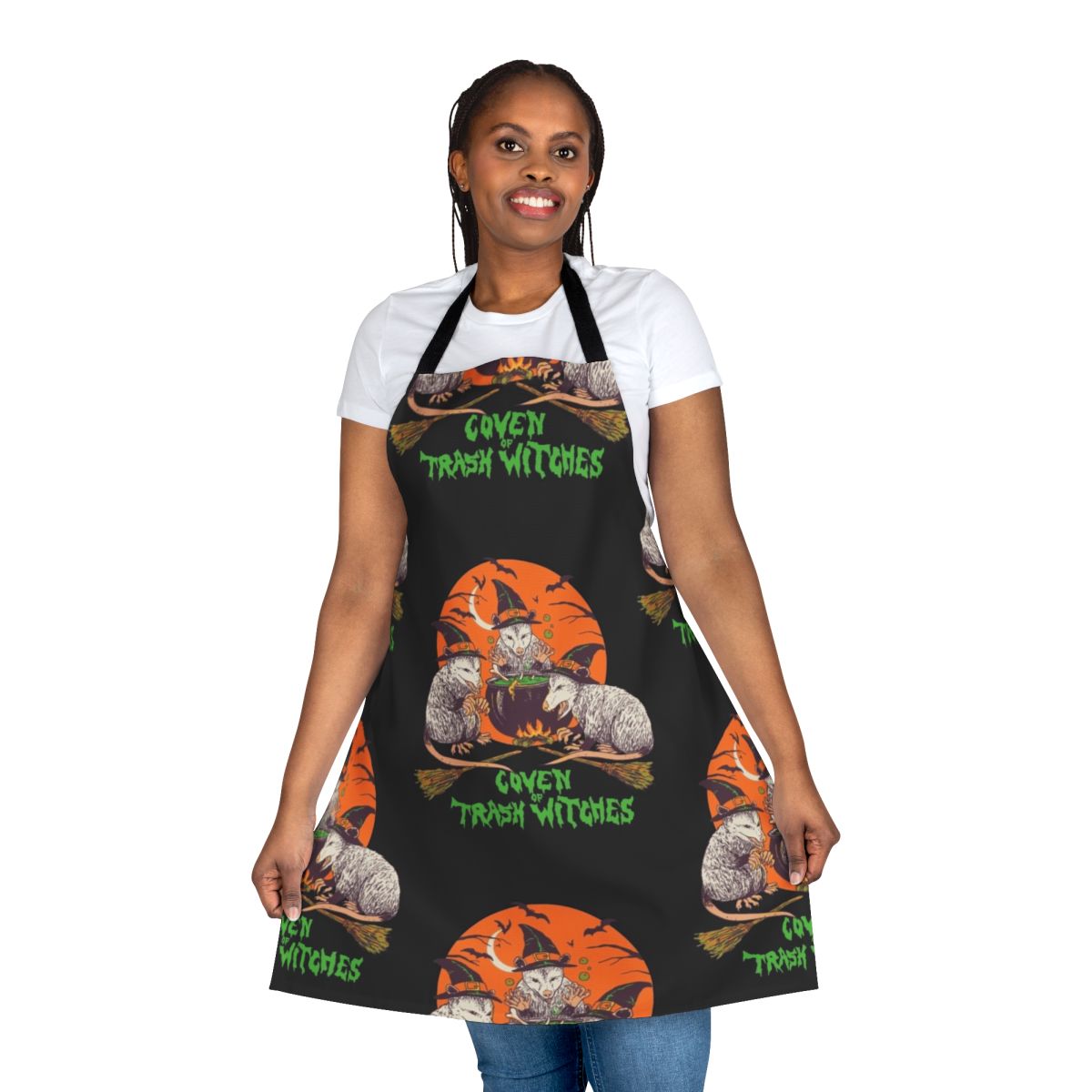 Trashy witch apron featuring a cute opossum or possum design