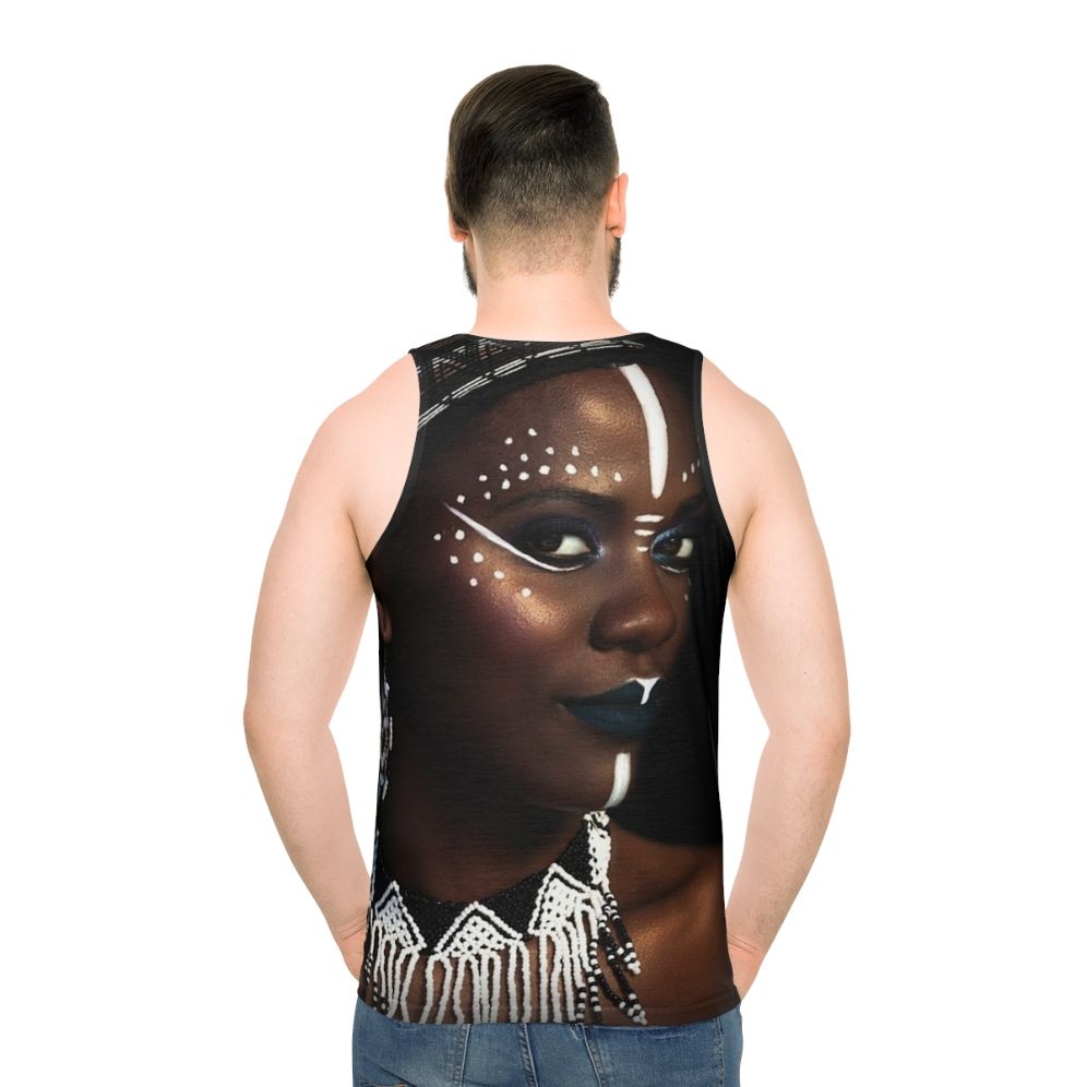 Tribal woman wearing abstract face tank top