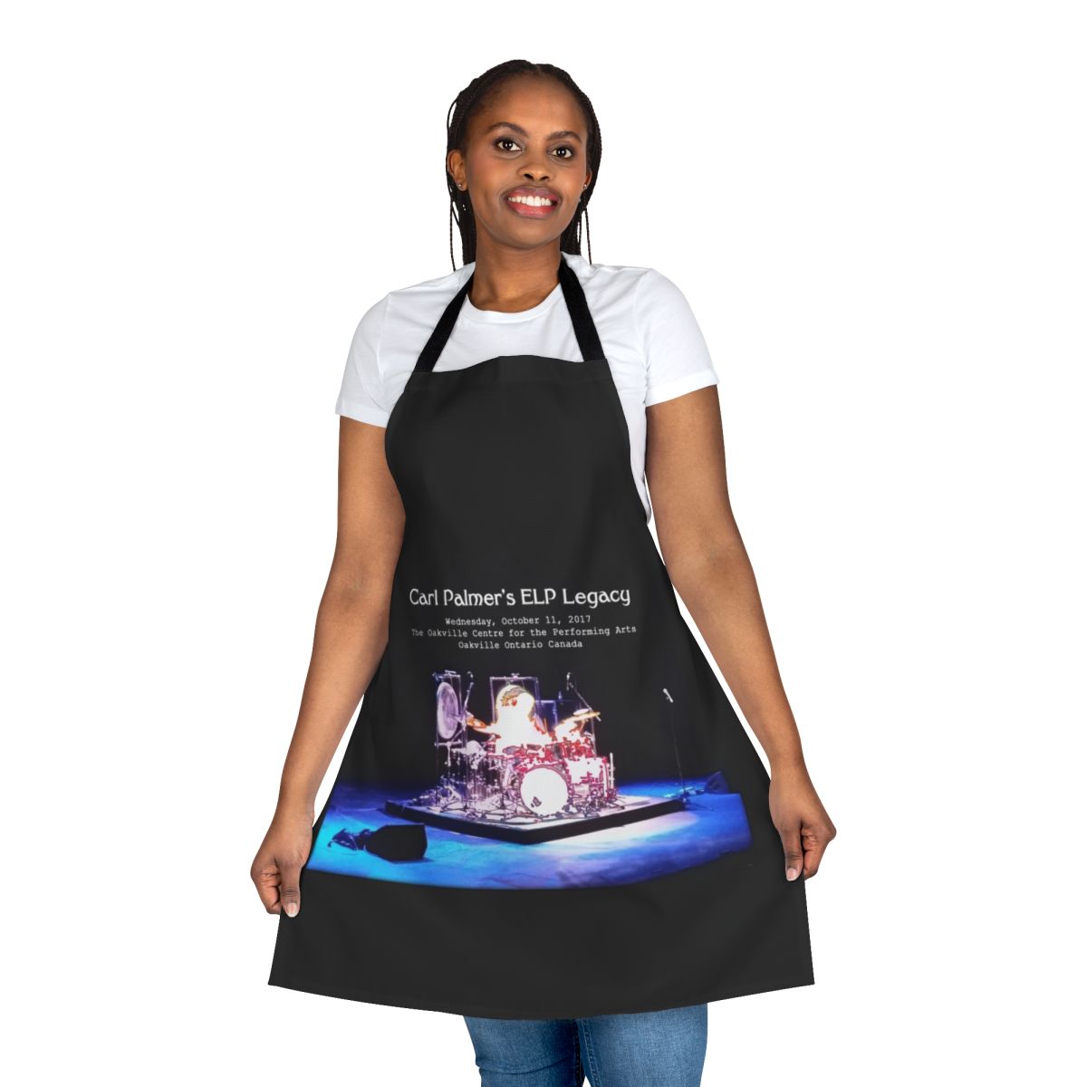 Apron featuring artwork inspired by the progressive rock band Emerson, Lake & Palmer and drummer Carl Palmer