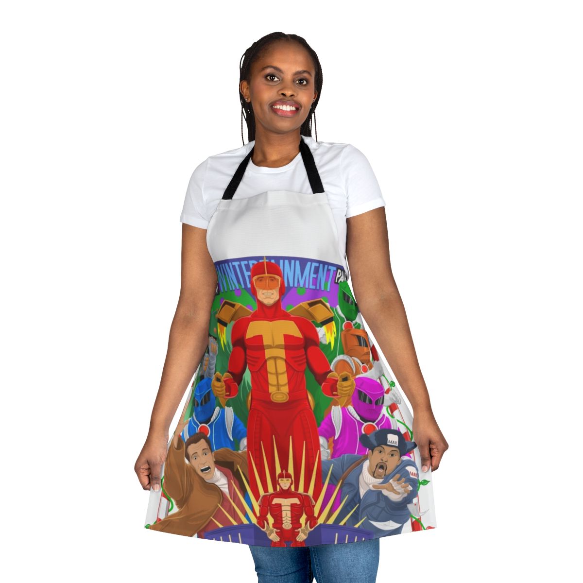 Turbo Time holiday-themed apron with a superhero design