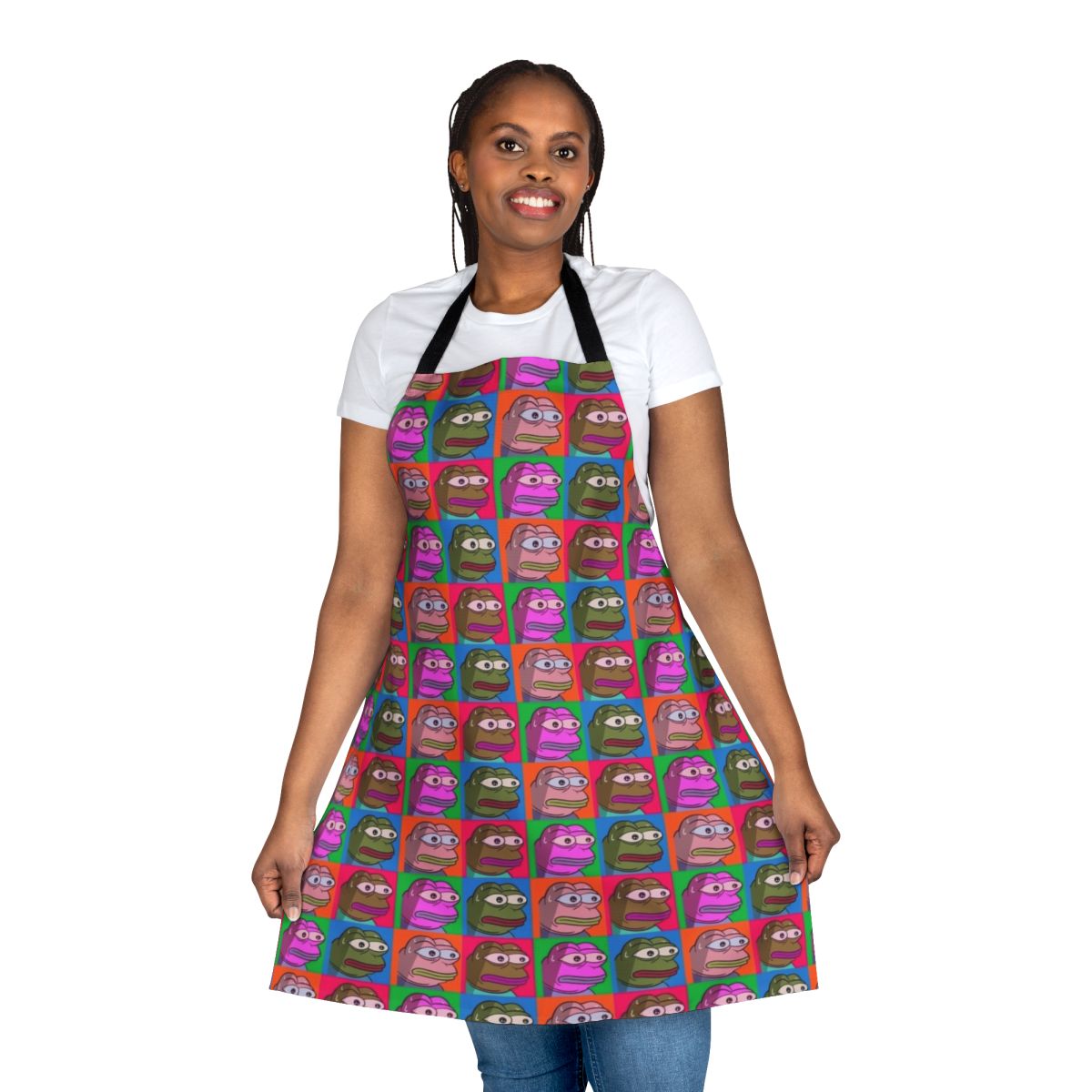 Monkas-themed apron featuring Twitch emotes and Warhol-style design