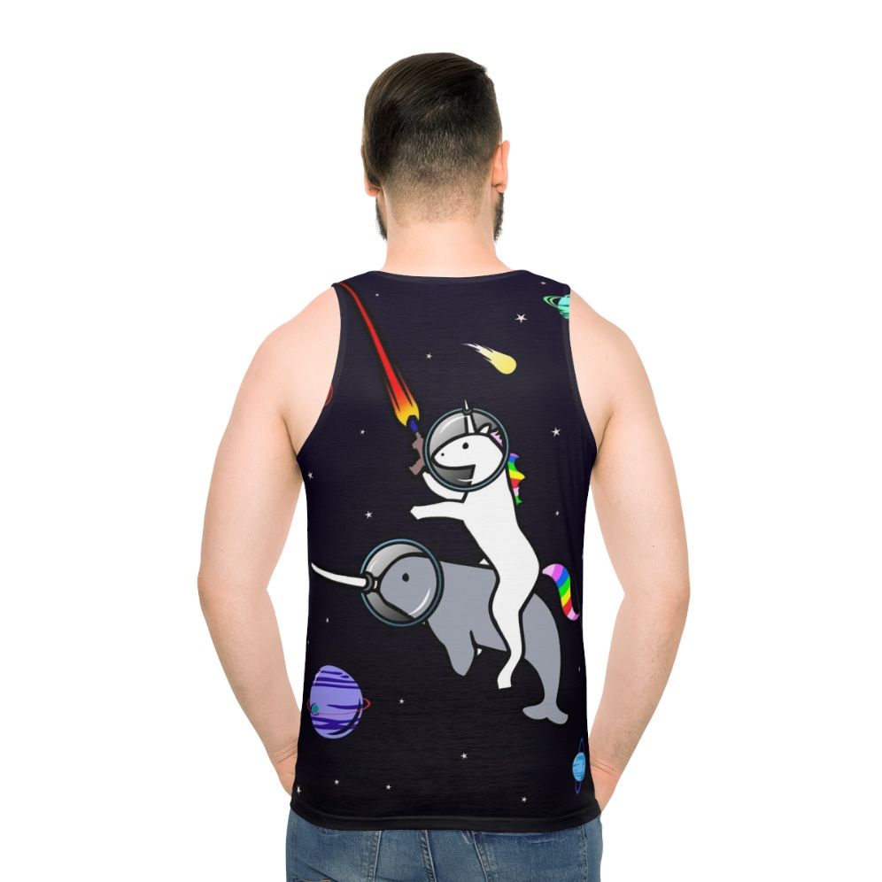 Unicorn riding a narwhal in space