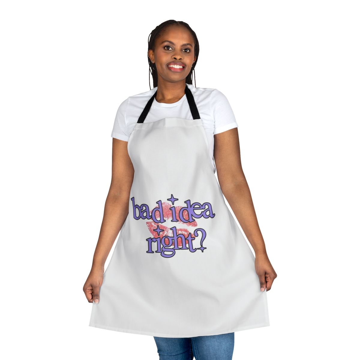 "Stylish kitchen apron featuring the 'Bad Idea' design, inspired by Olivia Rodrigo's popular song 'Sour'"