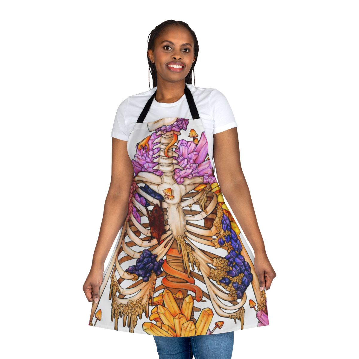 Skeleton and crystal-themed apron with hidden gems