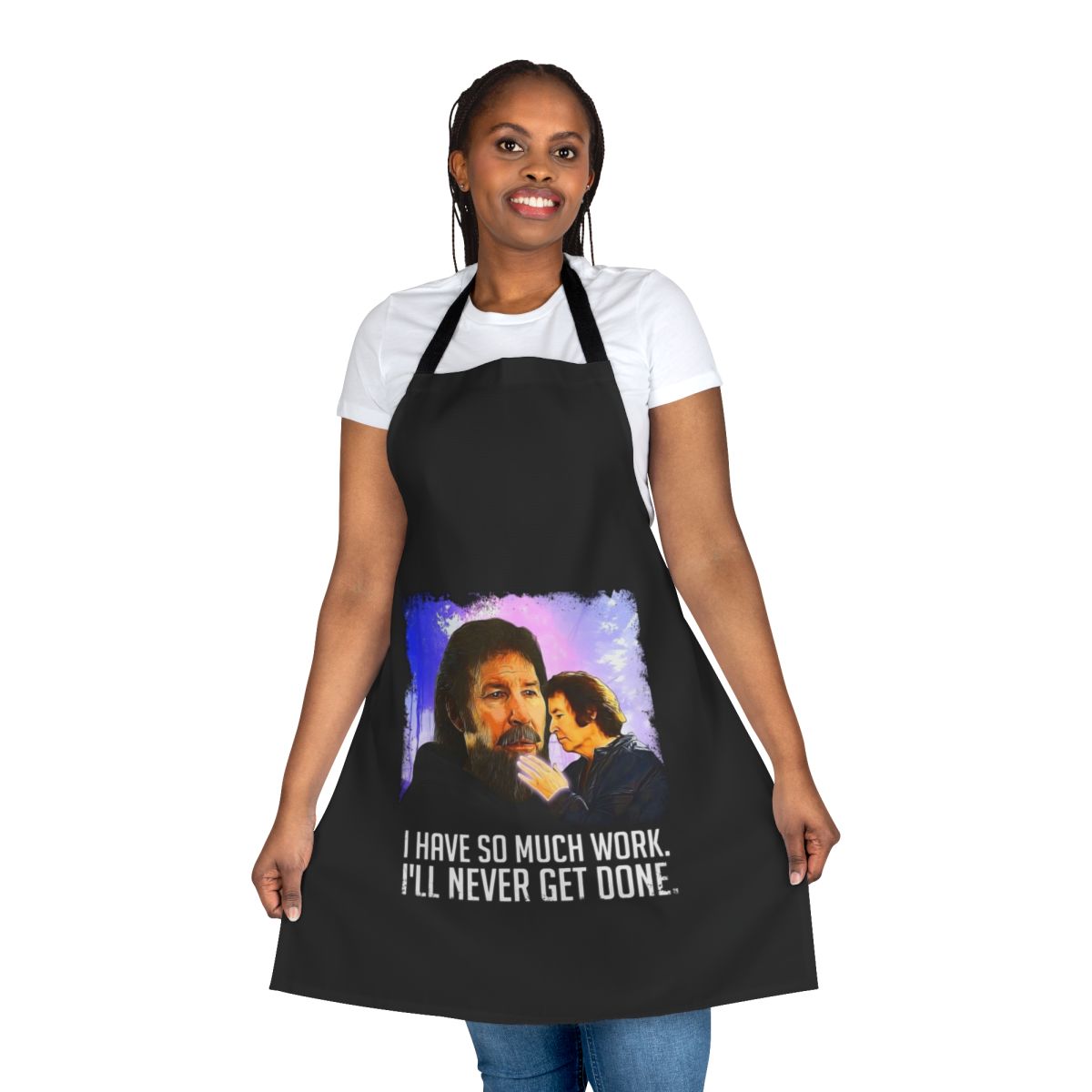 A stylish and durable work apron featuring a design inspired by the indie film Fateful Findings.