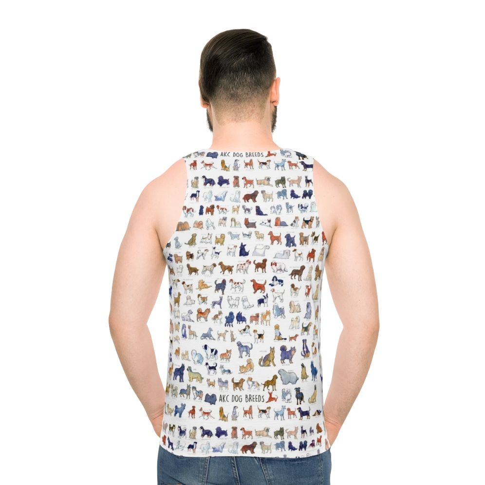 Unisex tank top featuring watercolor illustrations of every AKC dog breed