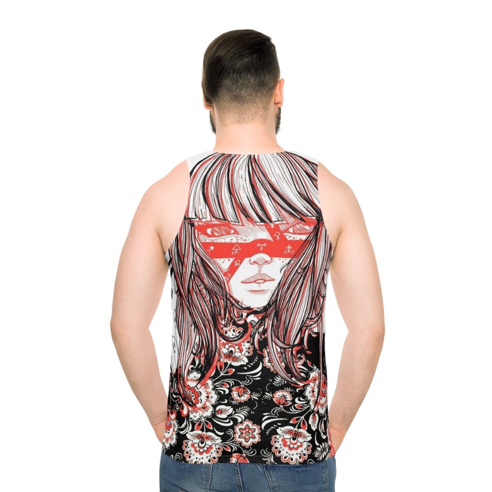 Unisex tank top with alchemy and rune graphics in black and white