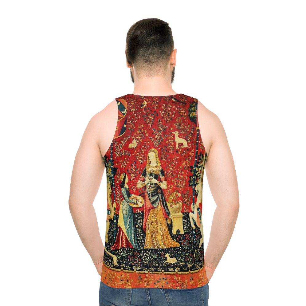 Unisex black floral fantasy tank top featuring a mythical unicorn design