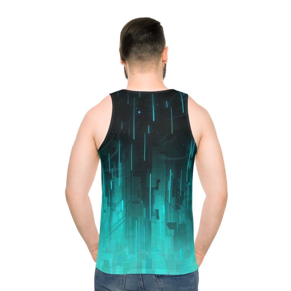 Unisex tank top with cyberpunk geometric design and cosmic backdrop