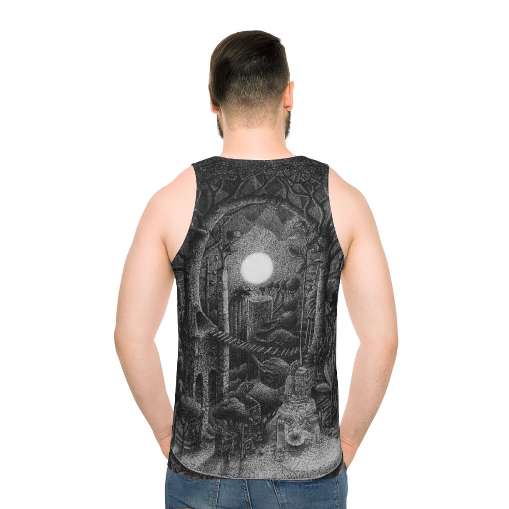 Unisex tank top with detailed pointillism art of a full moon over a forest