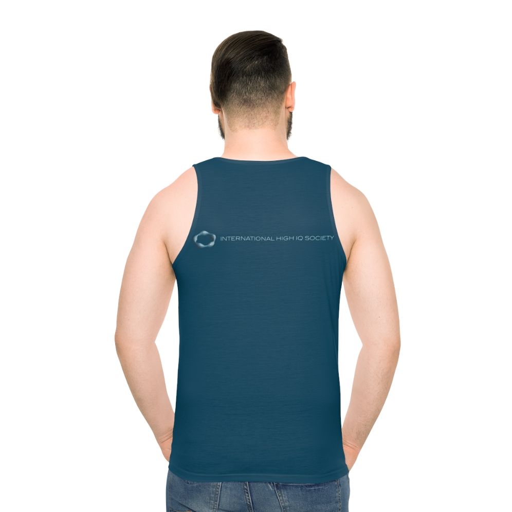 Unisex blue tank top with high IQ society logo