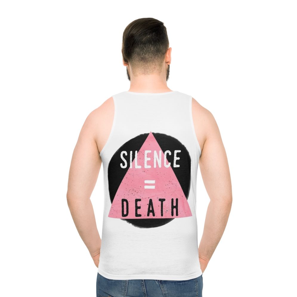 Unisex tank top with "Silence Death" design for LGBTQ+ and HIV/AIDS awareness