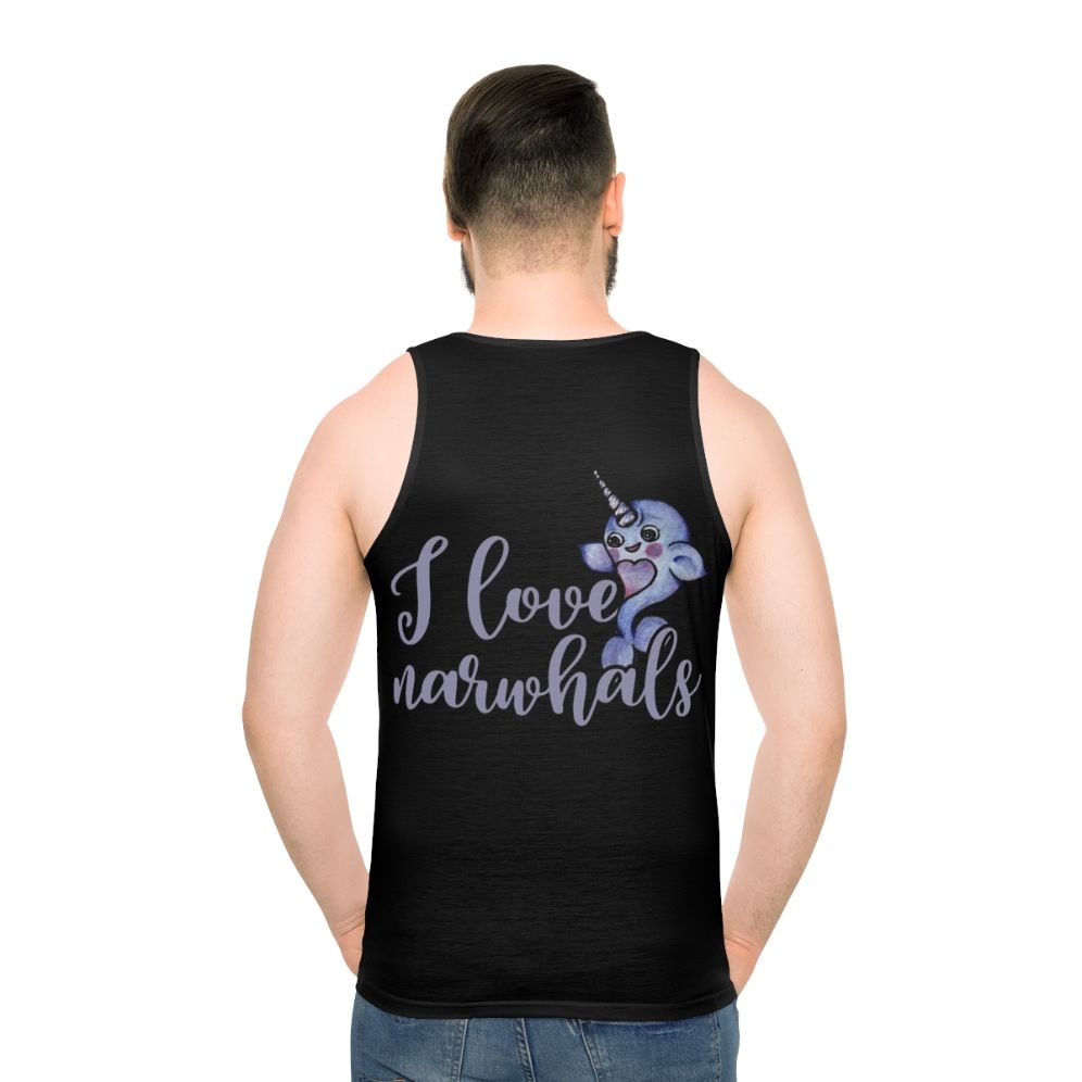 Unisex narwhal tank top with "I Love Narwhals" design