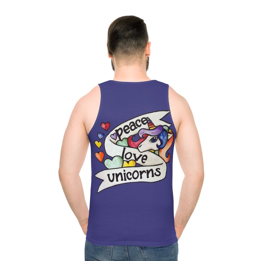 Unisex peace love unicorns tank top with retro rainbow design