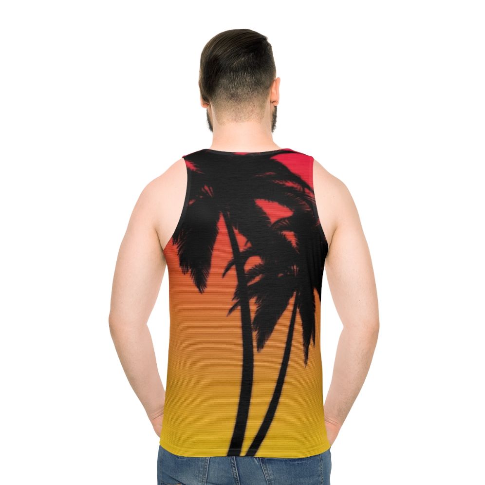 Unisex retro-style tank top with synthwave Miami sunset design