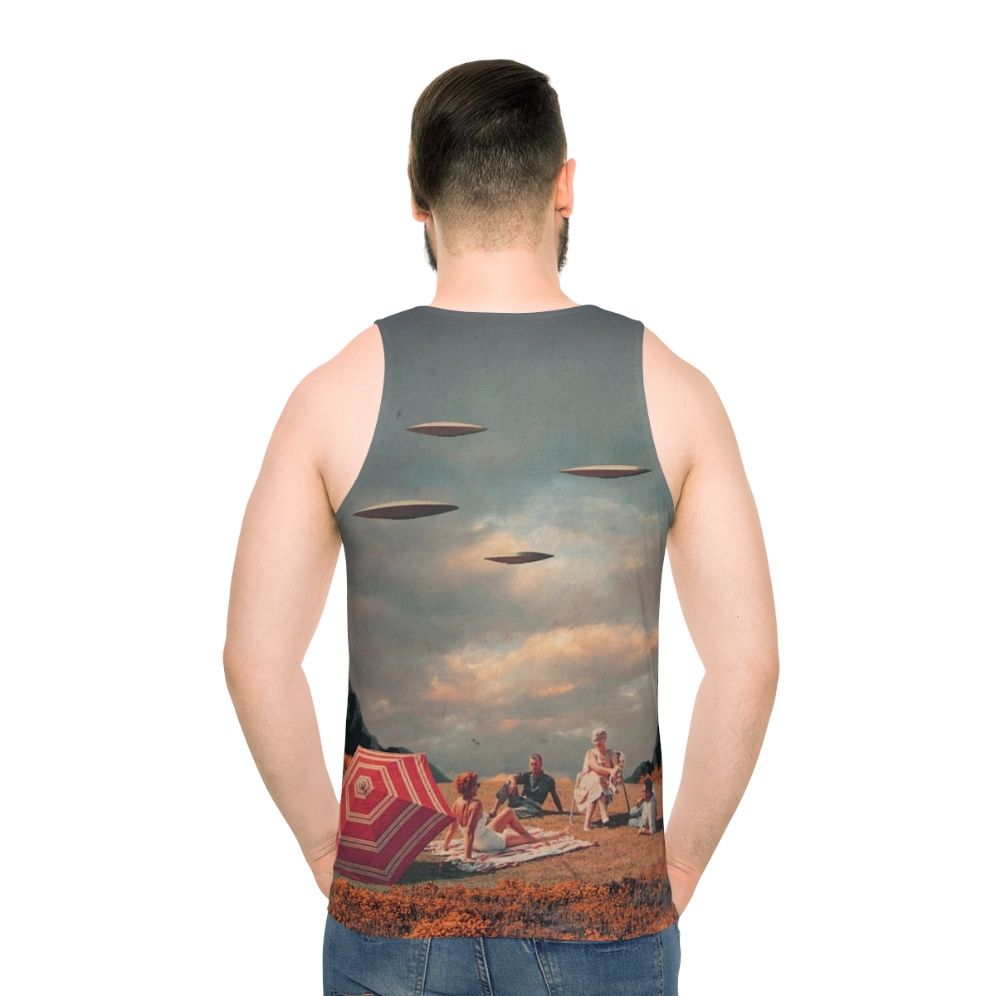 Unisex retro sci-fi tank top with surreal landscape design