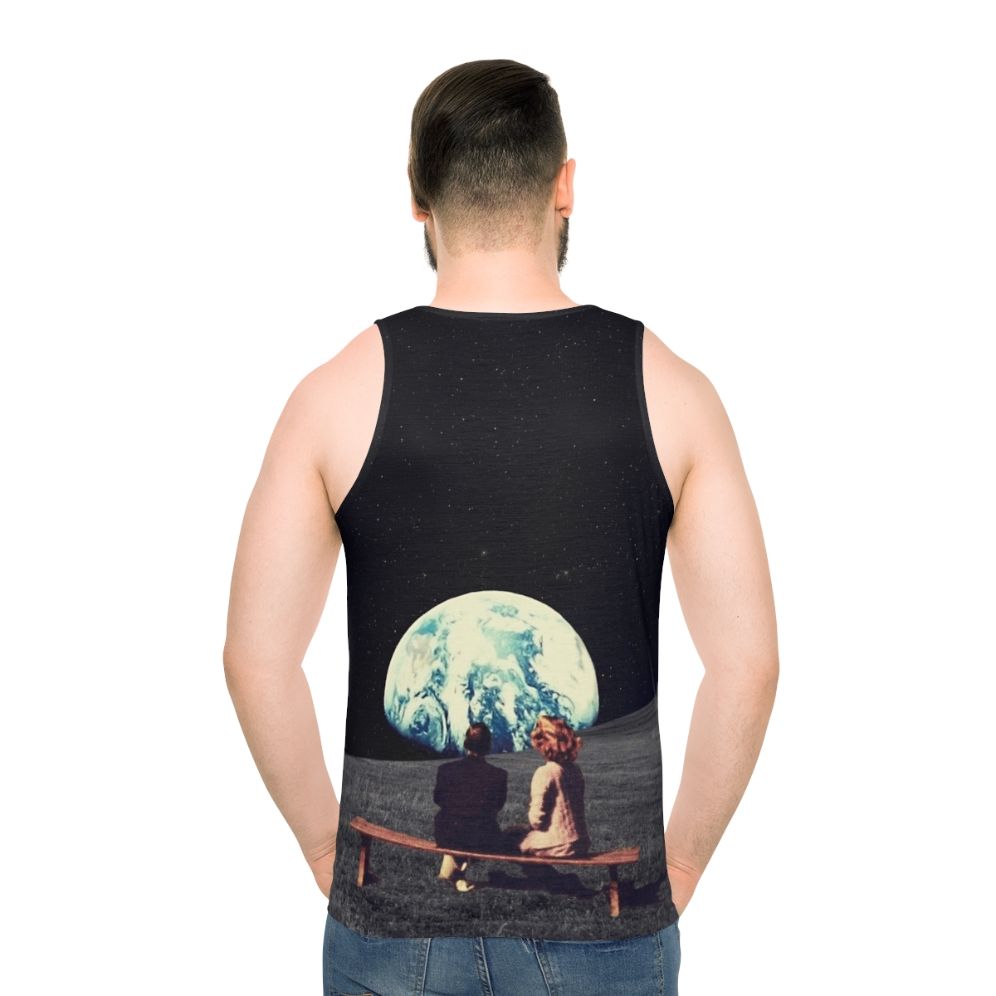 Unisex retrofuture tank top featuring a digital collage of a surreal landscape