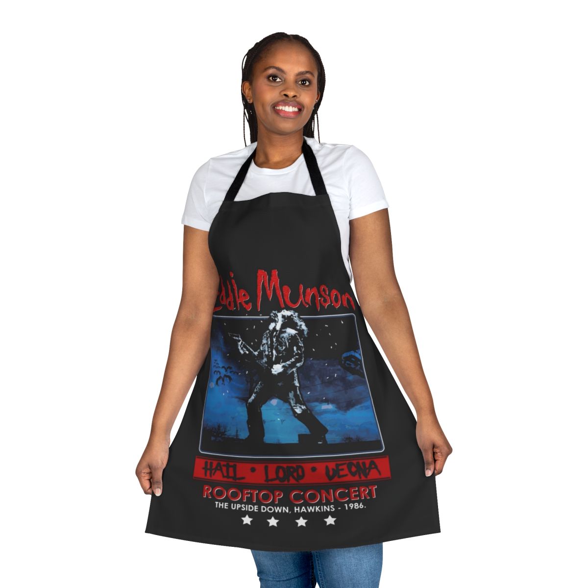 Apron featuring a graphic inspired by Eddie Munson's rooftop concert in Stranger Things Season 4