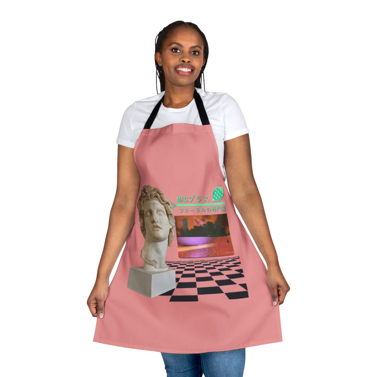 Vaporwave aesthetic floral print apron with Macintosh Plus design