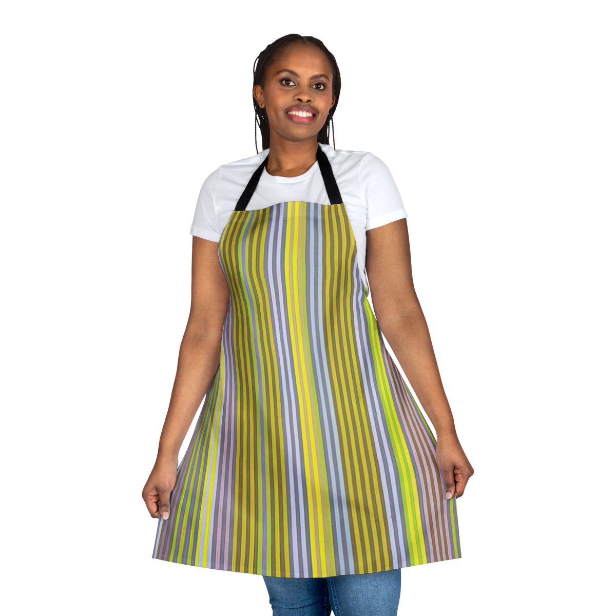 Apron featuring a vibrant abstract painting style inspired by the work of artist Gene Davis