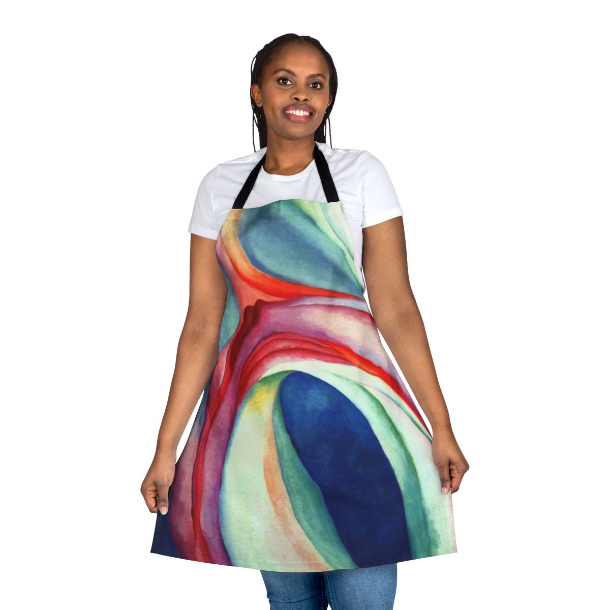 Apron featuring abstract floral painting in pink and blue colors, inspired by the artwork of Georgia O'Keeffe.