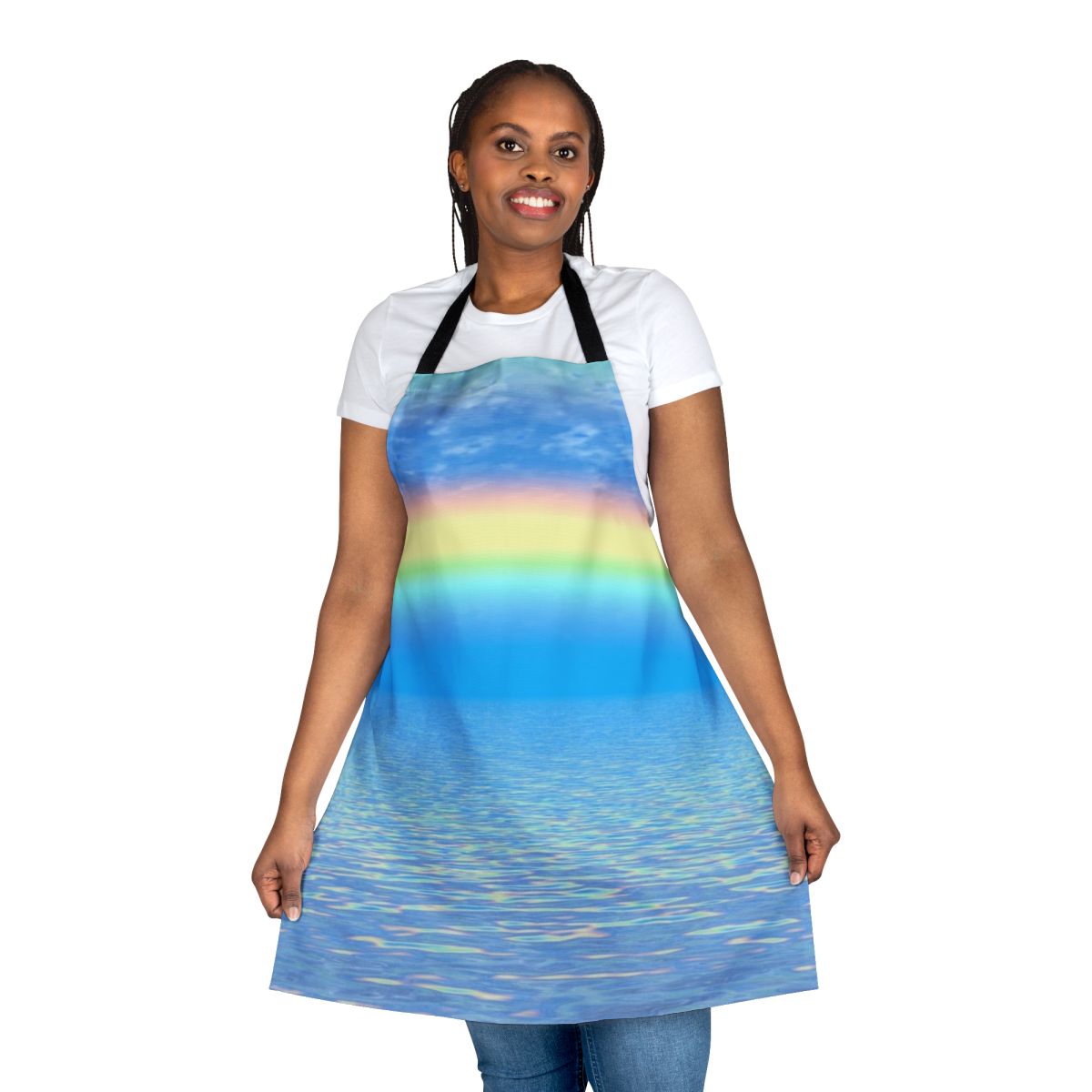 Multicolored abstract patterned apron with a rainbow design, ideal for the kitchen