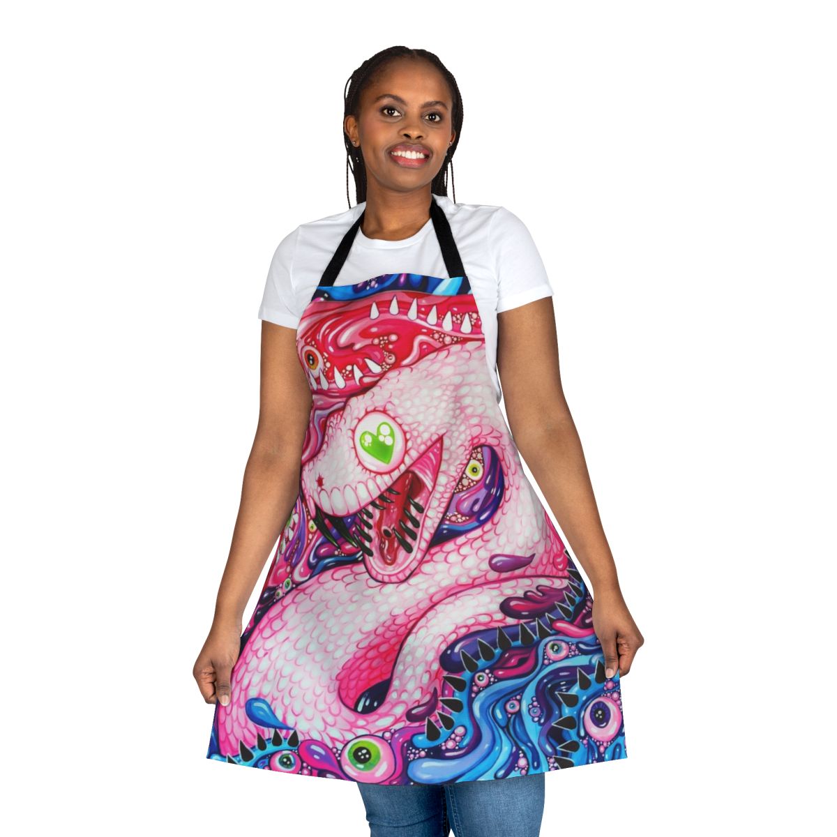 Colorful acrylic painting of a snake with glitter and rainbow details on an apron