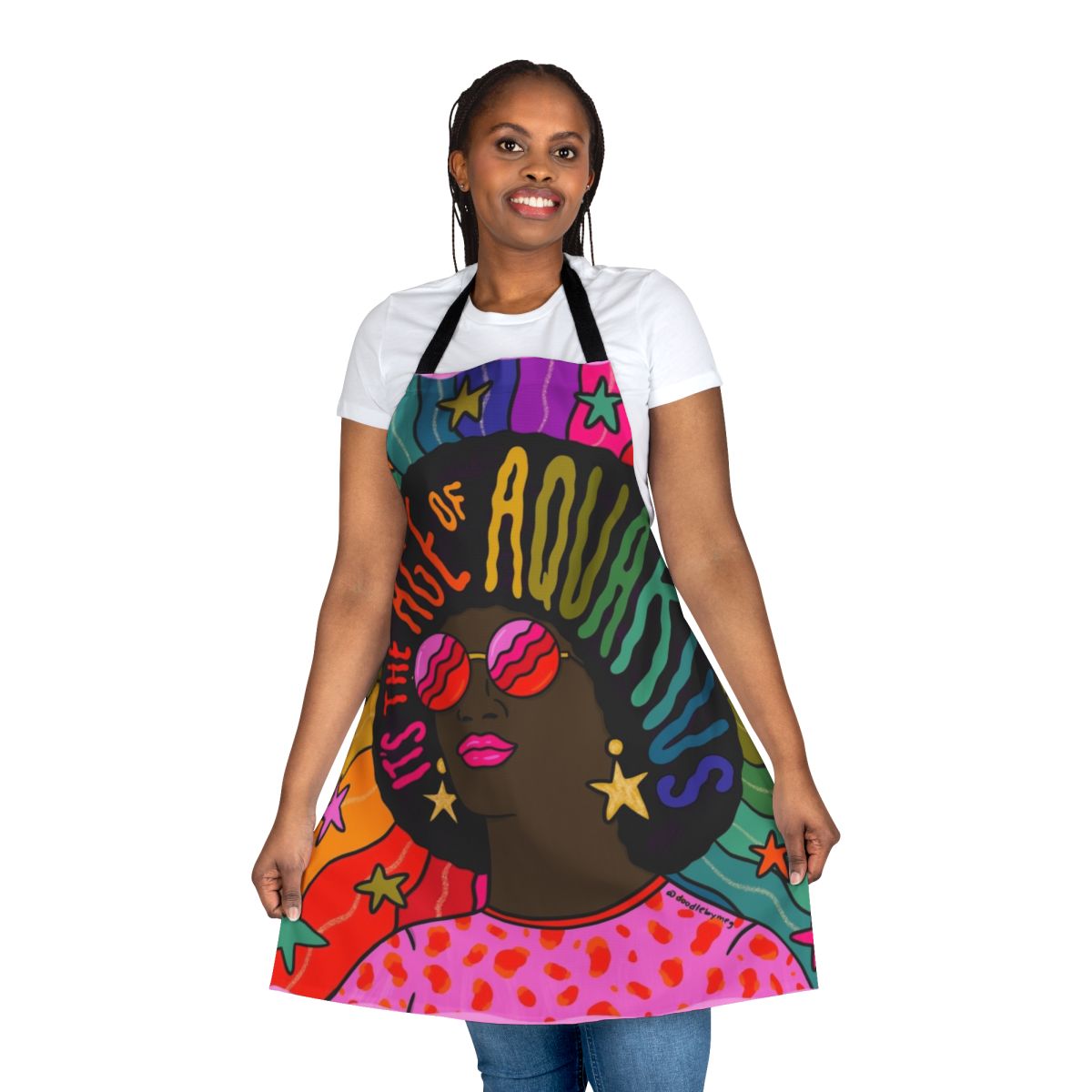 Colorful Age of Aquarius themed apron with psychedelic graphics and vintage 60s 70s styling