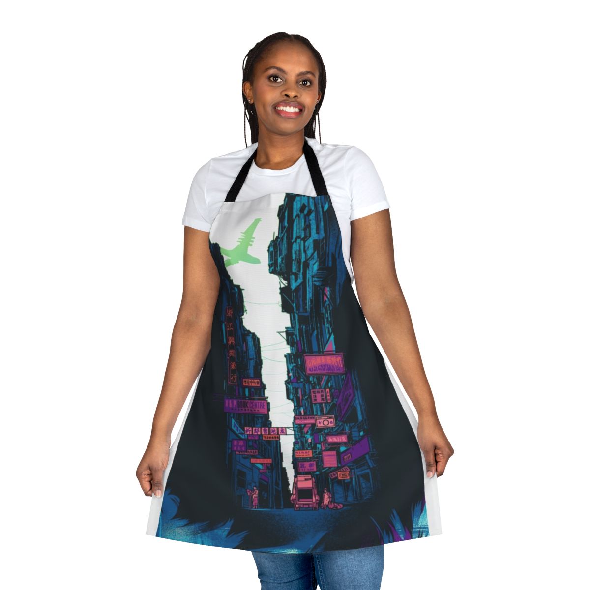 Colorful apron with cyberpunk and anime-inspired design