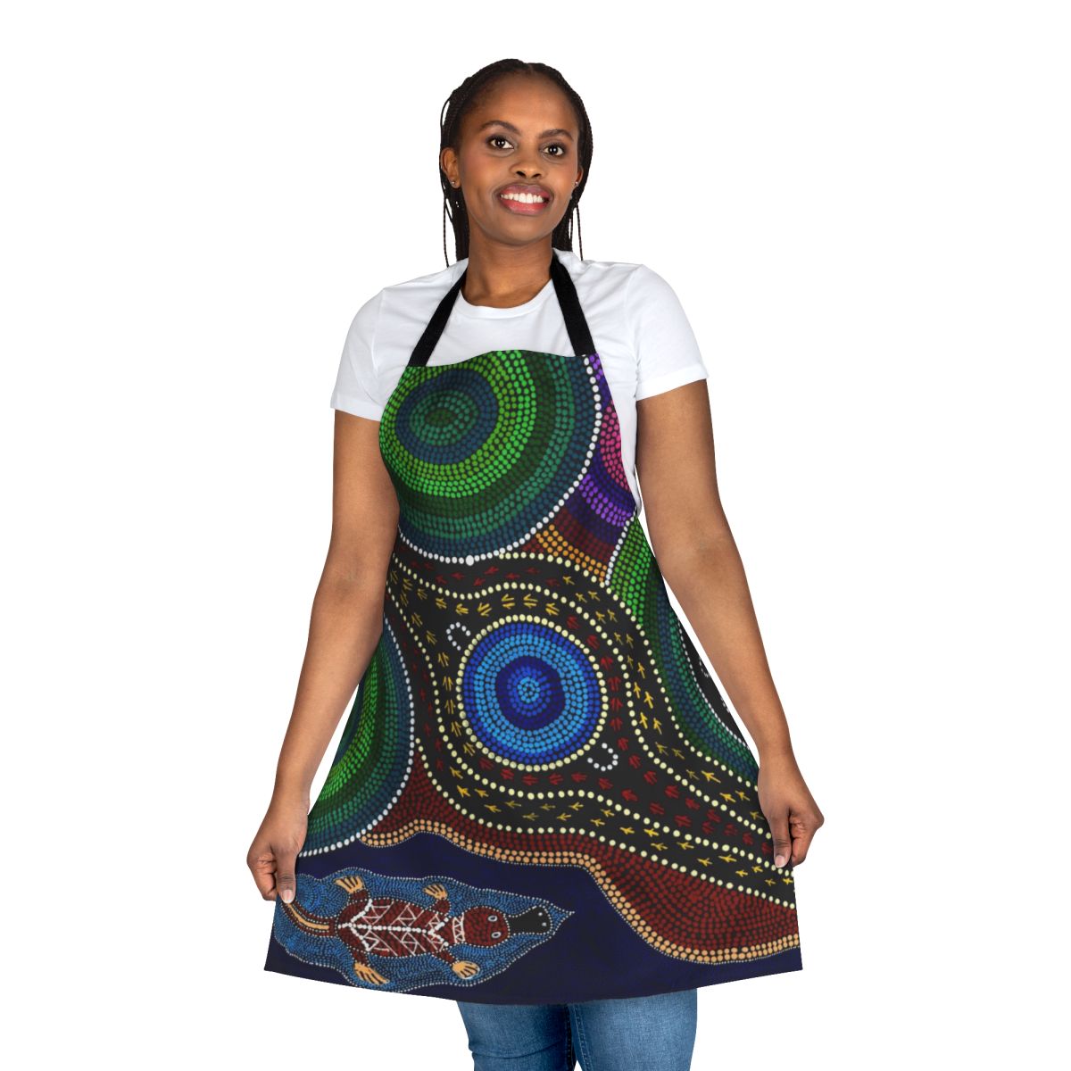 Colorful apron featuring a playful platypus design in traditional aboriginal dot painting style