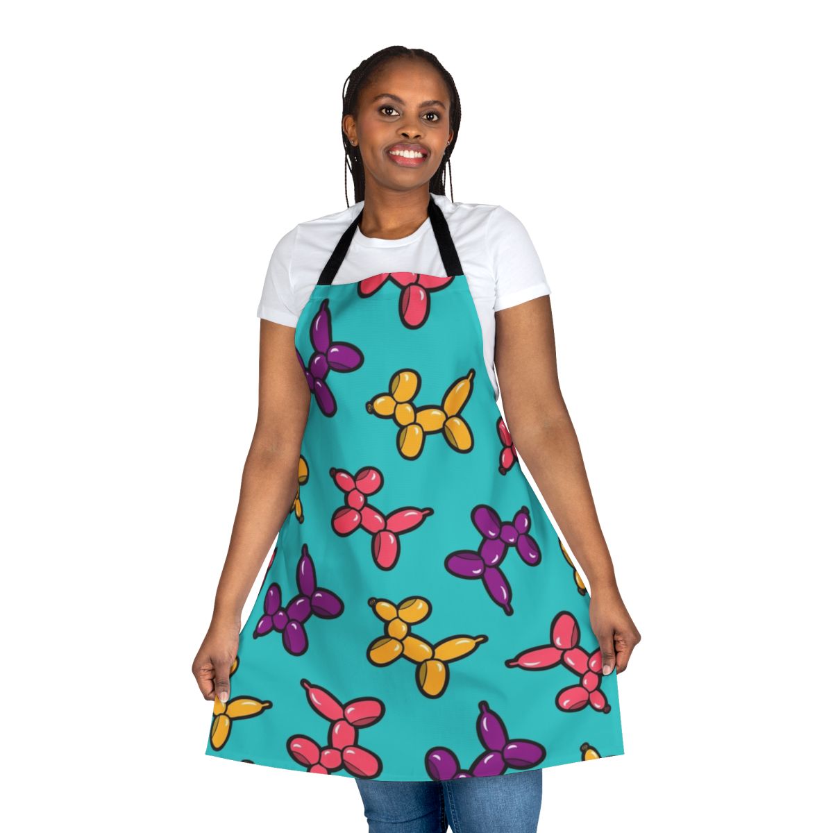 Illustration of colorful balloon animal dogs in a repeating pattern on a blue apron