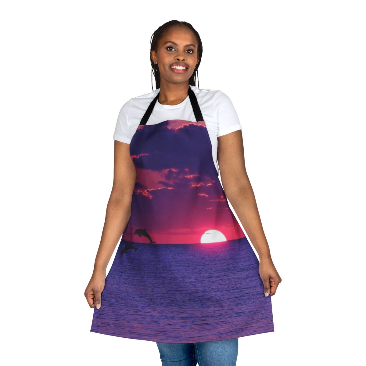 Apron with a beautiful, colorful beach sunset scene featuring a pink and purple sky, ocean horizon, and dolphin silhouette